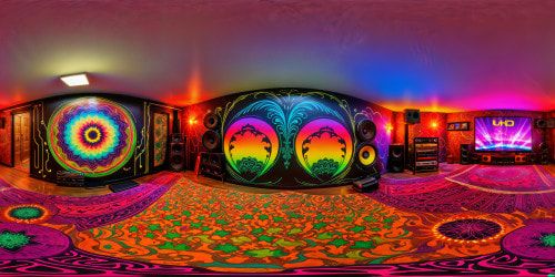 An1980’s fanboy basement With black light posters really psychedelic 