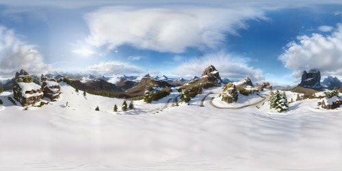 Masterpiece quality, ultra-high resolution, photo-realistic textures. VR360 view of a sprawling mountain vista under a cerulean sky. Snow-capped peaks, cascading waterfalls in the far distance. Subtle play of light and shadow, enhancing the realism. VR360 perspective, revealing an unbroken, panoramic sky. Predominantly Realism style, minor tones of Impressionism.