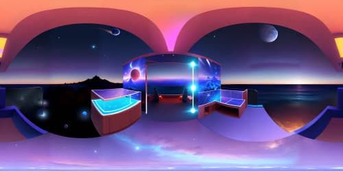 floating in the middle of an infinite deep blue ocean at night with sunsetting in the horizon with clear sky and shooting stars viewed from the sky