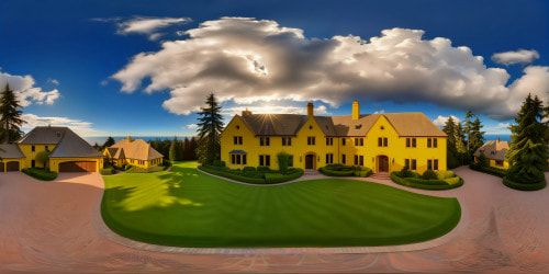 Meticulously detailed view of the iconic Simpson family house, flawless yellow facade, perfectly manicured lawn, vivid blue sky overhead, high-resolution textures capturing every brick and shingle, an artistic masterpiece in ultra-high resolution.