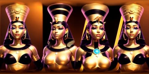 VR360 ultra-high-res panorama, regal Egyptian pharaohs, ebony skin, gold one-piece swimsuits, radiant smiles. VR360 photorealistic details, black nobility, gold accents. Ultra-realistic style, grandeur notes. Masterpiece quality, regal Egyptian elegance, recurring black and gold motifs. Ultra-fine details in VR360 Egyptian art.