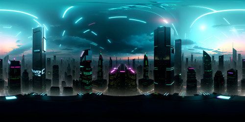 Cyberpunk cityscape, intricate neon gridlines, bustling high-rises. VR360 view: haze of futuristic billboards, VR360 sight: skyscrapers reflecting neon. Ultra-high-res masterpiece, mirrored floor panels, sleek, minimalist apartment. Style: ultra-detailed, vibrant color contrast, cybernetic undertones.