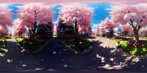 Masterpiece quality, ultra-high-resolution VR360. Cherry trees in full bloom, petal carpet, branches arching overhead. Enchanting pink hues, delicate blossoms, stark contrast against clear, azure sky. VR360 artistry, stylized realism. Bold detailing, soft textures.