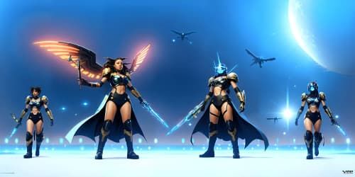 three black female angels with wings flying into battle. one has a flaming sword. one is carrying a staff with blue energy. they are african american women. one has dreadlocks.