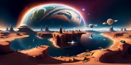 Masterful quality, VR360 surreal art panorama. Trio of planets – diverse in scale, one wearing rings of majestic grandeur, balance on the left. All suspended in endless cosmos. Ultra-high res.
