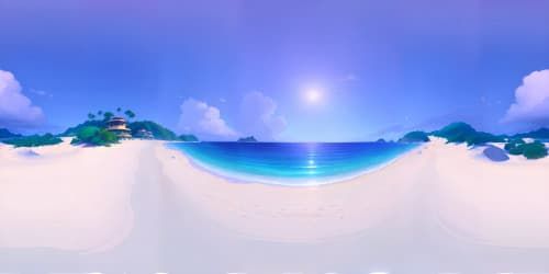 VR360 ultra-high resolution, hillside panorama, tropical beach paradise. Unobstructed VR360 view, clear blue sea, sun kissing the horizon, sky adorned with pastel hues. Style: Masterpiece, best quality