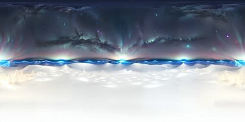 Moonlit night, ultra high-res snowy landscape, pristine diamond snowflakes. VR360 view of Christmas tree forest, luminescent sea of twinkling lights. VR360 masterpiece quality, flawless sharpness, extreme detailing.