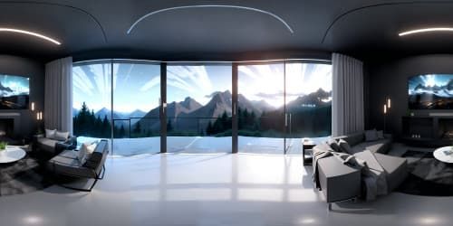 an open space lobby viewing the mountains behind tall glass walls. the room has been styled with modern furniture