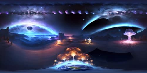 Majestic VR360 lunar workspace, nebula-rich cosmos popping in ultra-high resolution. Surreal space jellyfish drifting, photorealistic style. High-resolution VR360 moon overlooks, vivid star assemblies, bizarre cosmos happenings. Sparse moon features, enhancing boundless celestial showpiece.