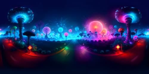 Peak-quality, ultra-high-resolution VR360, nighttime Las Vegas enveloped in a nuclear clash, surreal art style, glowing neon reflections on mushroom cloud, cityscape silhouette against blazing skies.
