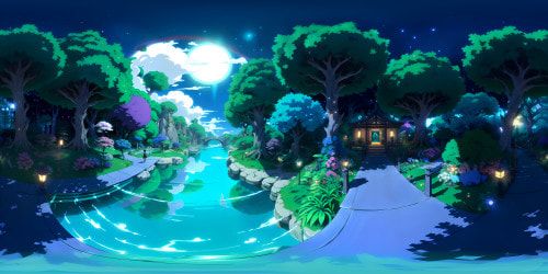 Avatar-inspired Pandora jungle VR360 scene, bioluminescent flora, colossal trees, floating mountains, ethereal, vibrant colors. Ultra high-res, masterpiece quality, immersive flora and fauna detailing, fantastical creatures silhouette. Best quality VR360 surreal art style, captivating, magical ambiance.