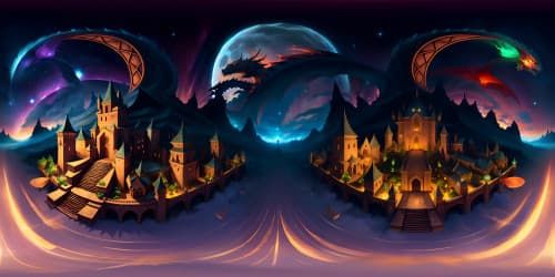 Ultra-high-resolution VR360, masterful artwork, awe-striking dragon forms dancing, majestic castle silhouette against twilight sky, captivating aurora twisting, pulsating dynamic fire elements, VR360 fantasy art
