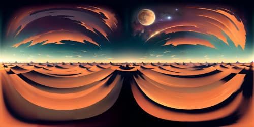 Ultra HD, aesthetic masterpiece, VR360 mountain landscape, VR360 windmill silhouette, dynamic light-shadow interplay, fiery sunset hues. Grand panoramic, digital painting style.