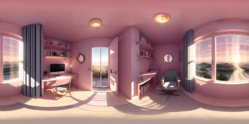 VR360 panoramic masterpiece, immersive ultra high-res landscape, fantasy-inspired first creation, ethereal pink-and-golden hues, gossamer fabric of clouds, celestial bodies in the twilight sky, dreamy anime-style.