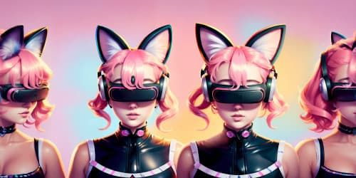 five princesses_wearing pink leotards_one woman has blue eyes_two of the women are blonde_they are squatting_spread_arms above their heads_close up of armpit_ cat ears