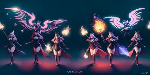 five evil female angels wearing black leotards with red trim_they have golden wings_the women have gold halos over their heads_one woman has dreadlocks_two of the women are  african american_they are flying_one woman is carrying a flaming green hammer.
