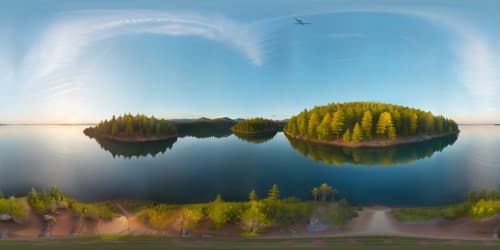Hyper-realistic VR360 masterpiece, ultra high-res, breathtaking serene golden sunset reflection on glistening lake, surrounded by lush evergreen forest. VR360 hyper-realistic style, artistic ultra high-res quality.