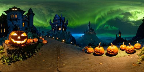 A flawless, high-resolution masterpiece capturing a spooky Halloween scene with a frightening phantom, carved pumpkins, a wizard reminiscent of Harry Potter, a witch, a graveyard, a haunted castle, and a creepy haunted house, all detailed to perfection in a chilling, atmospheric setting.