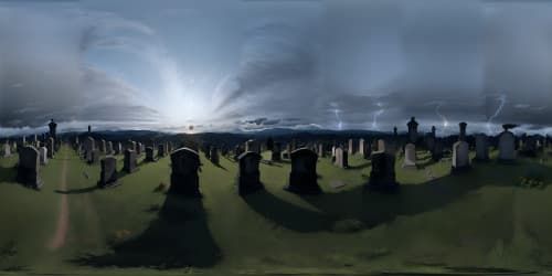 Masterpiece, ultra-high resolution, foreboding VR360 necropolis panorama. Decrepit tombstones scattered, looming crypts bathed in obscurity, ethereal VR360 fog veiling horizon. Skyview, from hillside perch, pumpkins aglow with spectral luminescence.