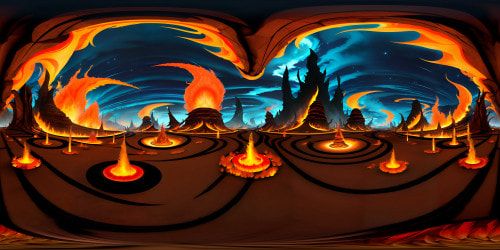 Fiery red and orange hues, inferno landscapes, colossal, molten lava rivers flowing. Spires of obsidian rock formations, an undulating sea of flames. Glittering embers in perpetual motion, hellish grandeur. Detailed in ultra high-res, a Picasso-style VR360 masterpiece. Darkly majestic, shocking intensity, VR360 panorama of abstract inferno.