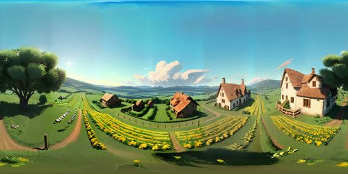 Clear blue skies, cumulus cloud fluffs, sunbeam dapples, VR360 pinnacle quality. Goat farm panorama, idyllic pastures, stone walls, quaint huts, playful goats. Distinctive tractor, farmer silhouette, ripe corn harvest. Pixar-style charm, ultra-high-res, vibrant colors, soft textures. Masterpiece VR360 farming scene.