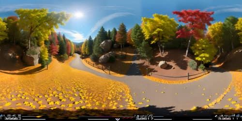 autumn color leaves falling from trees on mountain top at sunset