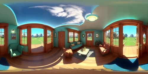 VR360 scene: Singular vibrant green pine tree, living room, centered. Walls, ceiling of glass, exposing expansive sky. Renovated Victorian-style fashion. Picasso-Cubism inspiration, ultra high res, masterpiece-quality. Light, shadows dancing, draping the exquisite indoor setting. Ideal VR360 immersion.