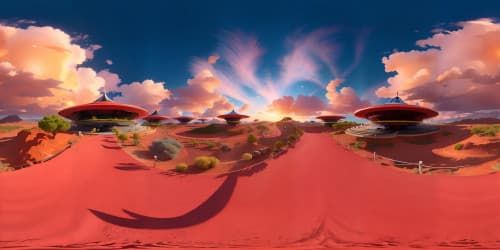 Anime-inspired VR360 panorama, crimson silhouettes, meticulous high-definition detail, VR360 grandeur of sky, azure backdrop juxtaposing vibrant sunset hues, cloud spectacle, lustrous hair strands, wind dance. Masterpiece vistas, ultra high-res display, harmony of colors.