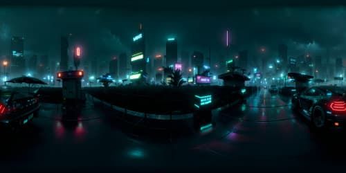 VR360 precision, Blade Runner night city, neon skyscrapers, rain-soaked streets, futuristic billboards, colossal digital screens. Style: Cyberpunk aesthetics, ultra-high resolution, dark-toned palette, meticulous detailing, VR360 masterpiece.
