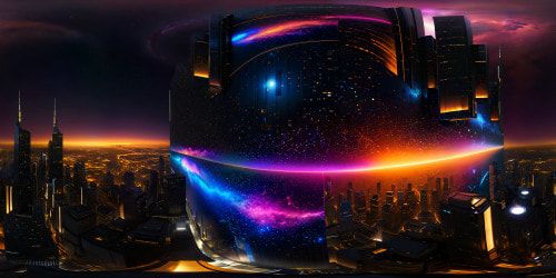 Floating in the infinite expanse of space, a flawless black sky scattered with stars illuminates a futuristic city masterpiece; gleaming skyscrapers touch the heavens, cascading neon lights dance on polished chrome, every hyper-realistic texture and intricate detail meticulously portraying perfection in ultra-high resolution.