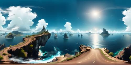 Island solitude, emerald skies, VR360 ultra high resolution, cloud formations, digital painting finesse, VR360 masterpiece quality