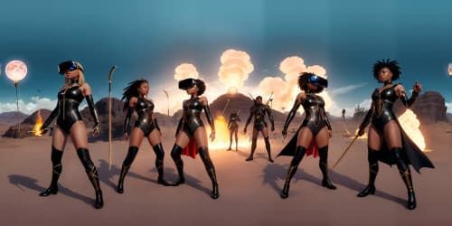 four african american women wearing black and blue leotards with thigh high boots. one woman has dreadlocks. two women are carrying flaming spears.