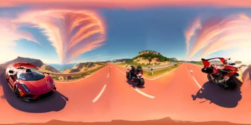 Cars and motorcycles  on the seaside highway (orange and pink sky)