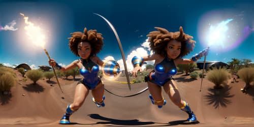four african american women wearing leotards. they are sorceresses: one has dreadlocks. she is carrying a glowing mace