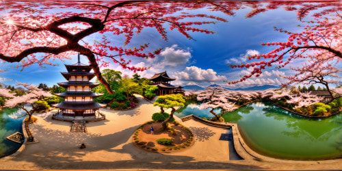 An exquisite, flawless painting capturing a magnificent, ancient temple encircled by vivid cherry blossoms, mirrored in a calm koi pond beneath a flawless azure sky, meticulously detailed in ultra-high resolution, an unrivaled artistic masterpiece.