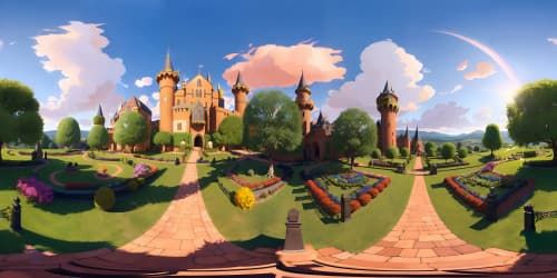 Ultra high res masterpiece, VR360 view of expansive castle, intricate gothic details, towering spires, vibrant stained glass. Surrounding moat, lush topiary, cobblestone paths. Evening light, color-saturated sunset sky. Pixar-style rendering for VR360 immersion.