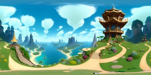 Masterpiece quality, ultra-high resolution VR360, pagoda, intricate woodwork, gold accents, lush surrounding gardens, VR360, towering against wispy-cloud backdrop, Pixar-style details, serene, tranquil