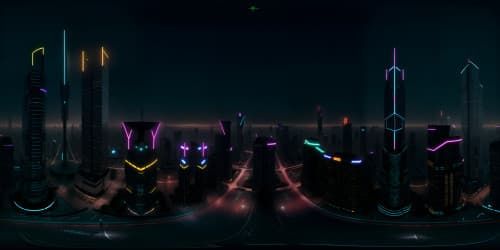 VR360 night cityscape masterpiece, ultra high-res, gleaming neon grid, skyscrapers sculpting the stars above. Water surface reflections, twinkling skyline panorama in VR360, film noir chiaroscuro, maze-like city details. Ambient glow, towering structures, dominance of night, elegant play of light and shadow.