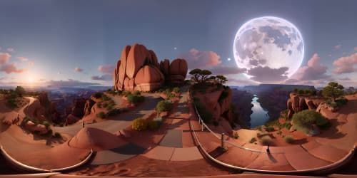 hilltop view Ultra HD, Masterpiece quality VR360, Grand Canyon, river slicing through red rock vistas, full moon cast shadows. Ethereal hues on horizon, night skyview dominated by moon's glow.