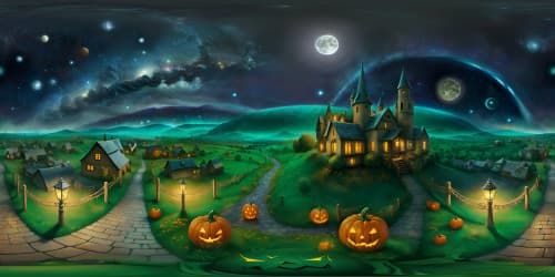 Vincent van Gogh's Starry Night, Halloween rendition, ultra-high-resolution, VR360 scene. Countryside vista drenched in ethereal moonlit charm, supernatural enigma. Pumpkins scattered, haunted house silhouette. Star-studded, swirling night sky, unmistakable Van Gogh style. Blend of digital painting, impressionism.