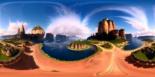 Immaculate VR360 scene, colossal scale, ultra-high resolution. Extravagant masterpiece, grandeur, sumptuous detailing. Sky filled with swirling abstract colors, sun-kissed clouds. Foreground minimalistic, organic shapes. Stylistic approach like Pixar, surreal mix, big and audacious. VR360 masterpiece, engrossing artistry.