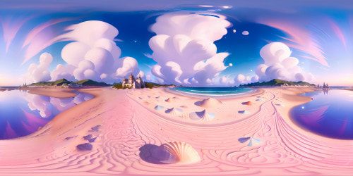Masterpiece quality, ultra-high resolution VR360. Endless sandy beach landscape, scattered seashells, soft pastel hues in coastal dunes. Crystal clear water gently kissing the shore, soft reflections. Sky dominated by dreamy pastel clouds, cotton candy sunset. Romantic, impressionist-style VR360 scene.