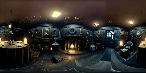 Masterpiece quality, ultra high-res VR360 scene. La Mort, skeletal figure cloaked in darkness, cosmic backdrop. Decay elements, surreal art style influencing VR360 view.