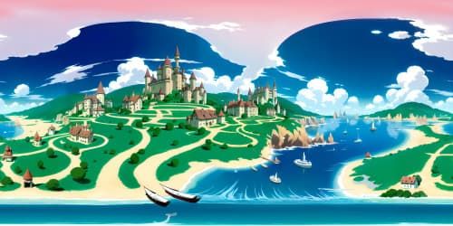Ultra-high-resolution VR360 masterpiece, optimal quality. Envision Studio Ghibli's iconic worlds. Visuals from 'Howl's Moving Castle', 'Spirited Away', 'My Neighbor Totoro'. Stylized, vivid landscapes, in Studio Ghibli's distinctive anime style. VR360 view encompassing the whimsical, enchanting elements of Ghibli's fantasy world.