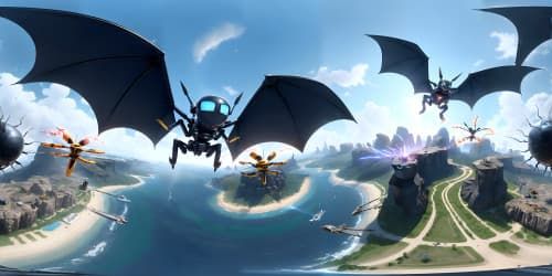 two black women riding giant mechanical spiders. they are fighting a three headed winged dragon.