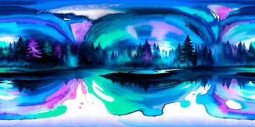 Ultra High-res VR360, a masterpiece carved in darkness. Dominance of watercolor-inspired cobalt blues, emerald greens. Subtle, abstract magenta accents contouring VR360 scene. Intense blue-green panorama, abstract finesse. Dark allure, revolutionary craftsmanship, optimum visual precision, splinters of color.