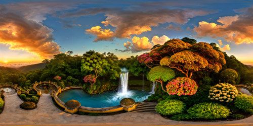 An ancient mystical garden bursting with vivid blossoms in full bloom, cascading waterfalls, ornate stone pathways, ethereal glowing orbs floating amidst lush foliage, the golden hour casting a warm, enchanting glow in hyperrealistic detail fitting for a masterpiece in ultra high resolution.