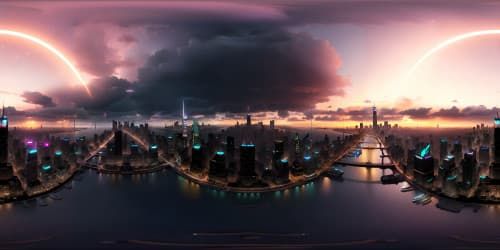Masterpiece-level VR360 depiction, ultra-high resolution, stunning New York skyline, uniquely iconic architecture, vibrant city lights creating a sparkling starscape, expansive view, timeless elegance in detail, a captivating nocturnal ambiance. Style: Digital realism.