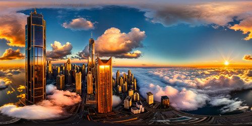A surreal futuristic cityscape at golden hour, gleaming chrome skyscrapers reflecting a setting sun, neon lights casting a soft glow on the flawless city streets, dynamic clouds painting the sky in rich hues, a cyberpunk metropolis in stunning 32K resolution.