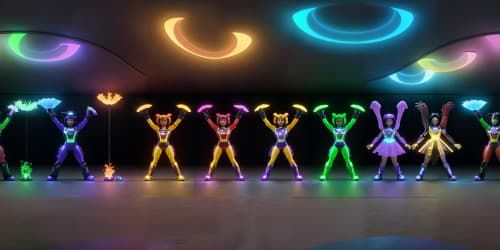 five evil female angels wearing black leotards with red trim_they have golden wings_the women have gold halos over their heads_one woman has dreadlocks_two of the women are  african american_they are flying_one woman is carrying a flaming green hammer.